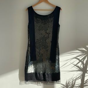 Sequin Tank Dress with Silk and Tulle Hemline and Flowing Straps Size Large